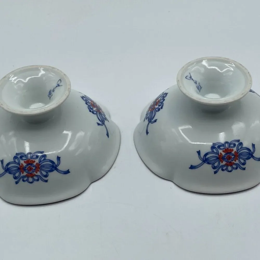 2 Gen-emon kJapan Orange & Blue Porcelain Bowls Signed 4